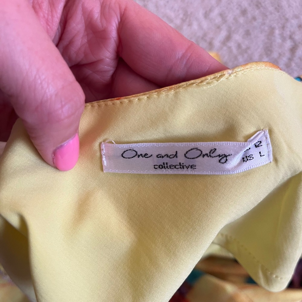 One and Only Collective Y2K Yellow Floral/Leaf‎ Print Cowl Neck Satin Midi Sz L - Picture 6 of 12